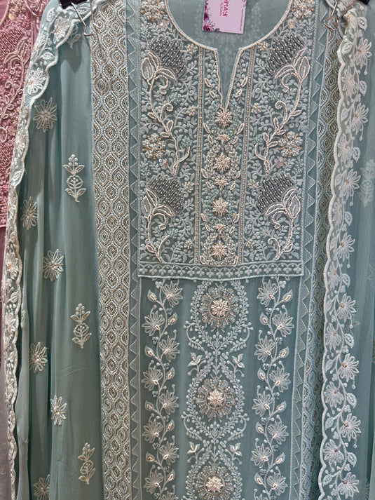 Embellished pearl chiknakari pure georgette suit set
