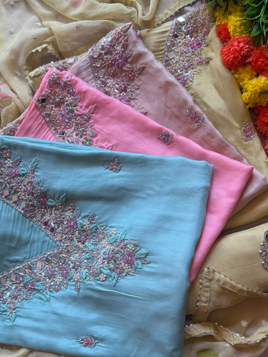 Crepe silk embroidered mirror neck suit set with chiffon Handpaint highlights dupatta