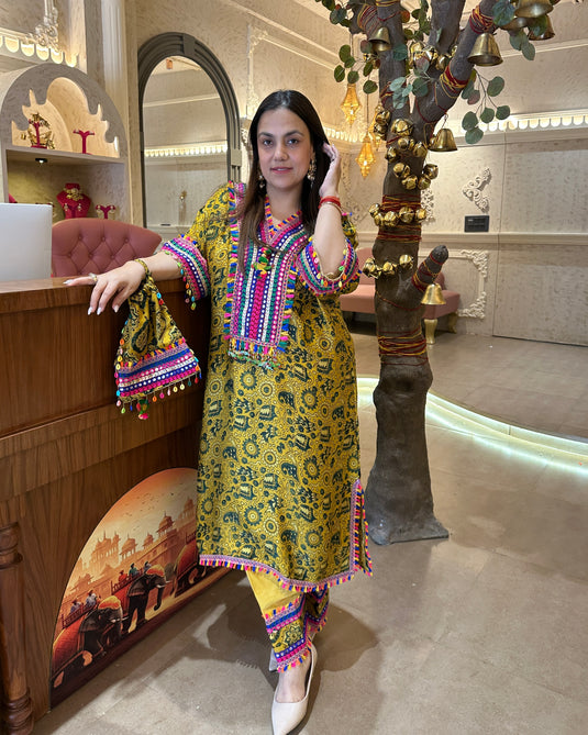 Farshi Salwar pure crepe ajrakh print stitched choga style set with potli