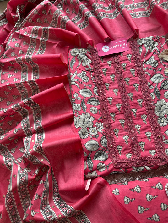 Patterned neck floral print cambric cotton suit