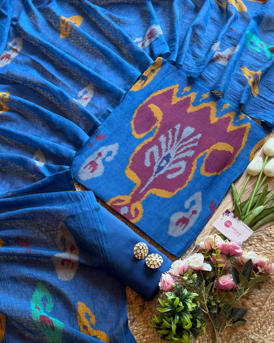 Ikkat weave patola print mul chanderi suit set