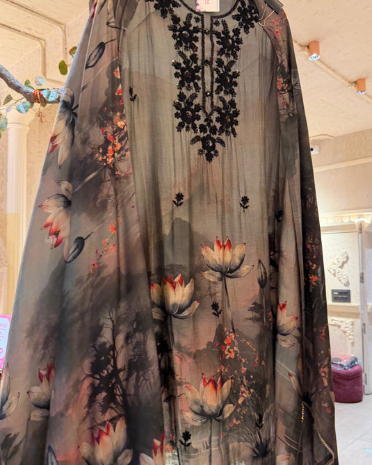 Muslin digital printed embroidered neck suit set