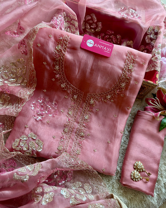 Metallic handwork pure organza tissue suit set