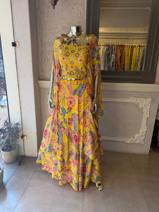 Yellow 3 pcs Haldi dress with embroidered choli, skirt and drape