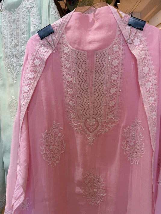 White Dori pattern work pure mul cotton suit set