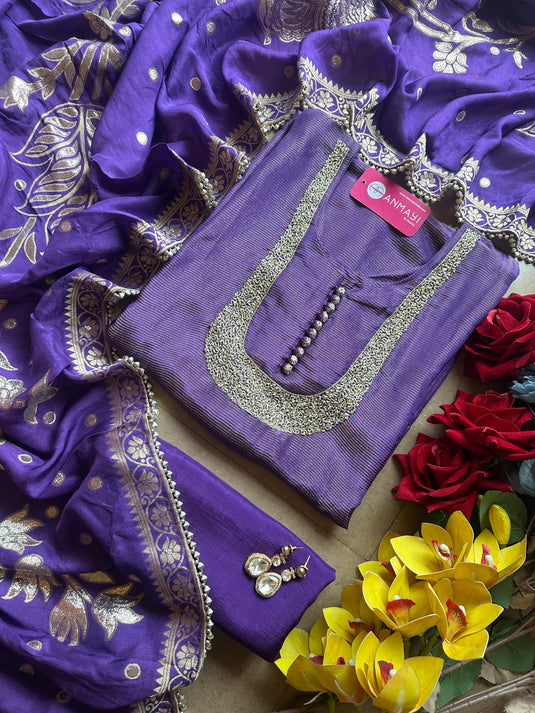 Shimmer lines cutwork u neck with potli buttons and jacquard dupatta