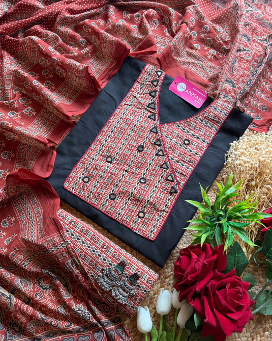 Banjara neck cotton suit set with Ajrakh dupatta