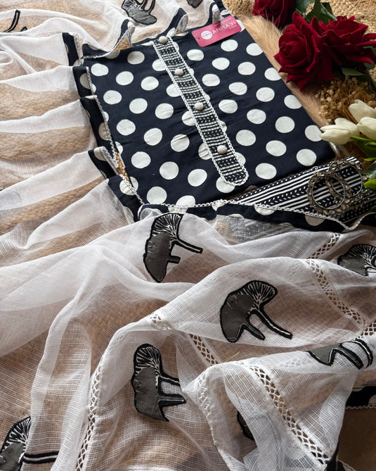 Polka dots pure cotton suit set with soft Kota patch dupatta