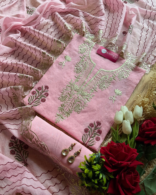 Mul Chanderi block print pita work suit set