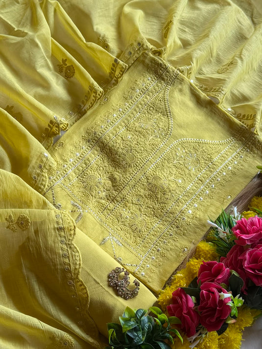 Panel pita work embroidered Mul Chanderi suit set