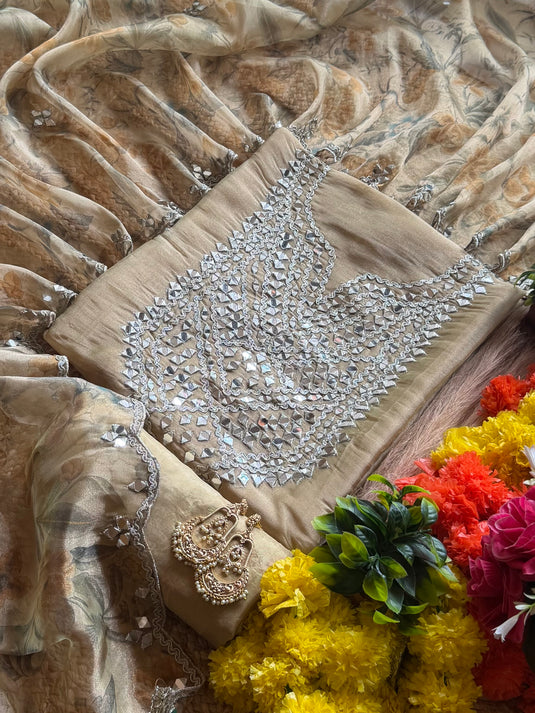 Shimmer silk mirror work suit set with organza floral dupatta
