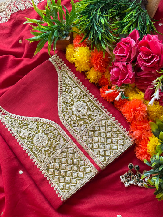 Aarzoo Patched Dori neck pure Mul Chanderi suit set