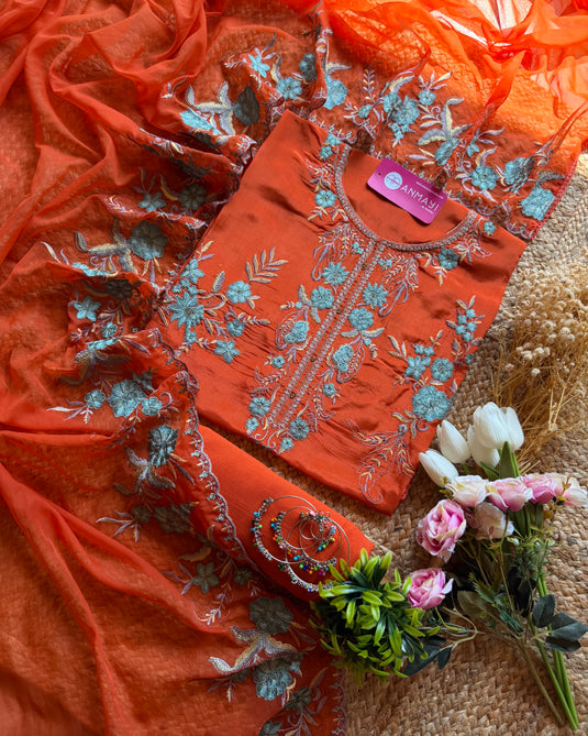 Upada Silk Machine work suit set with organza dupatta