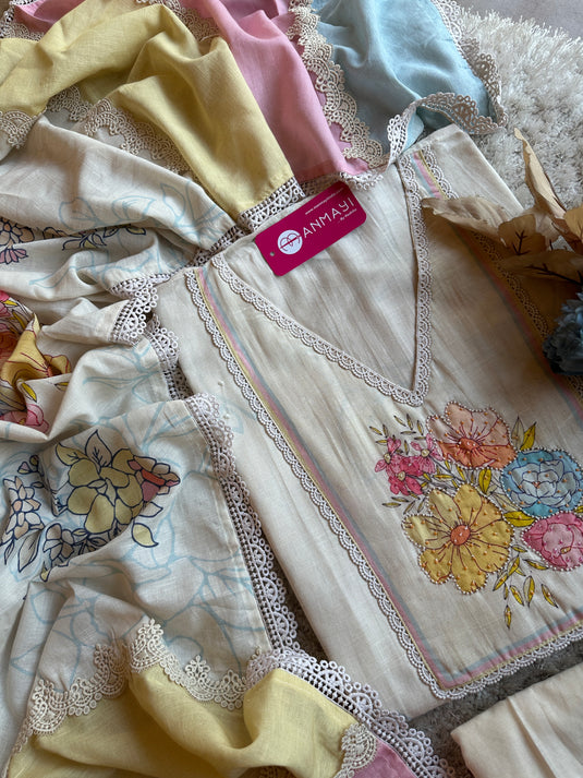 Ivory pure linen suit set with candy shades crochet dupatta