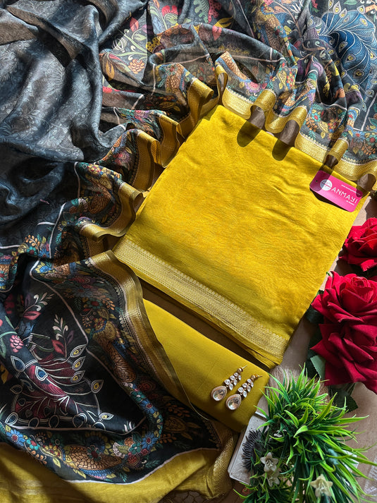 Pure Maheshwari silk south border suit set with kalamkari dupatta