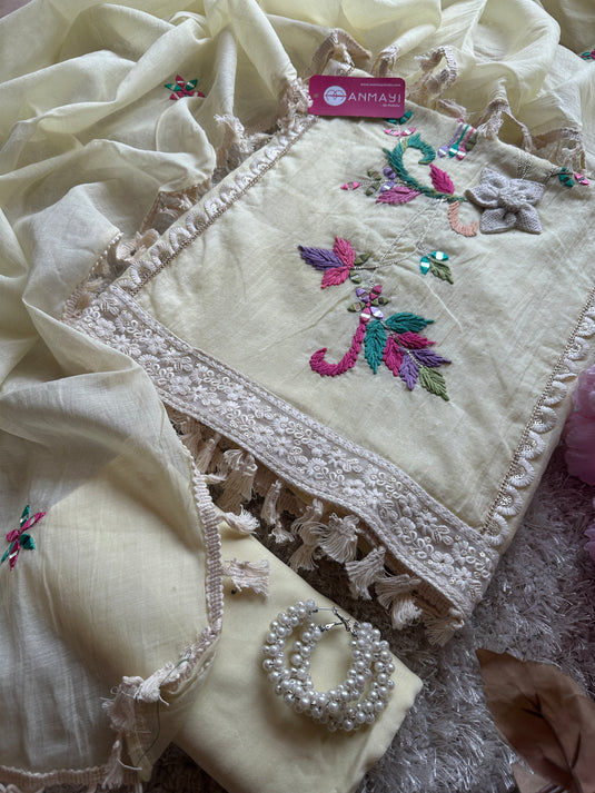 Wool mirror work Mul Chanderi sets with tassel dupatta