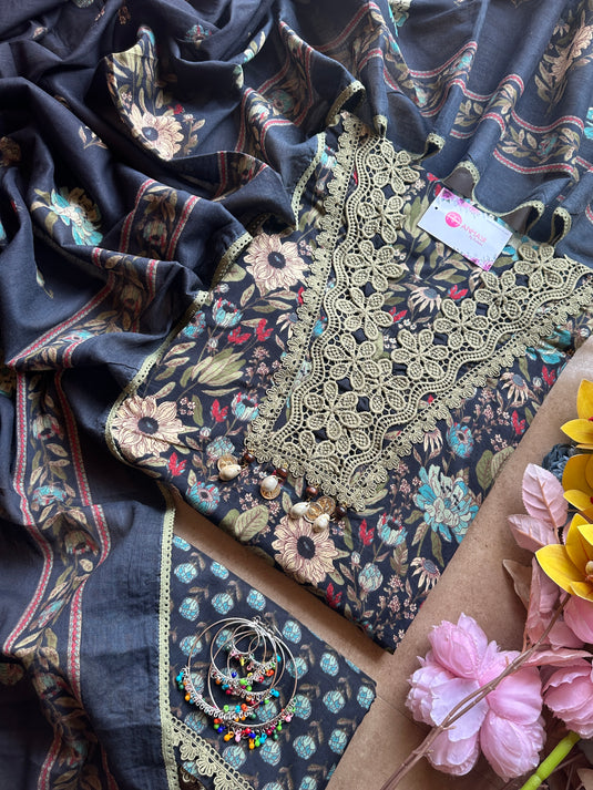 Crochet work pure cotton floral suit set with cotton dupattas