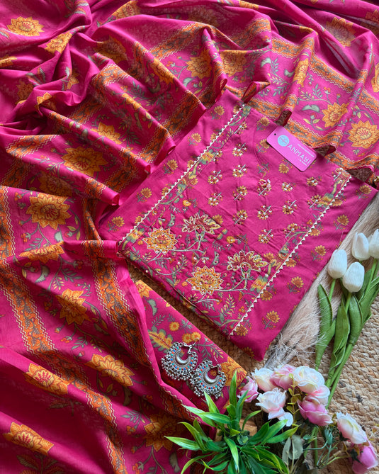 Jaipuri cotton block print highlighted neck suit set