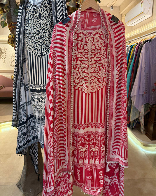 Patterned pearl work pure muslin suit set