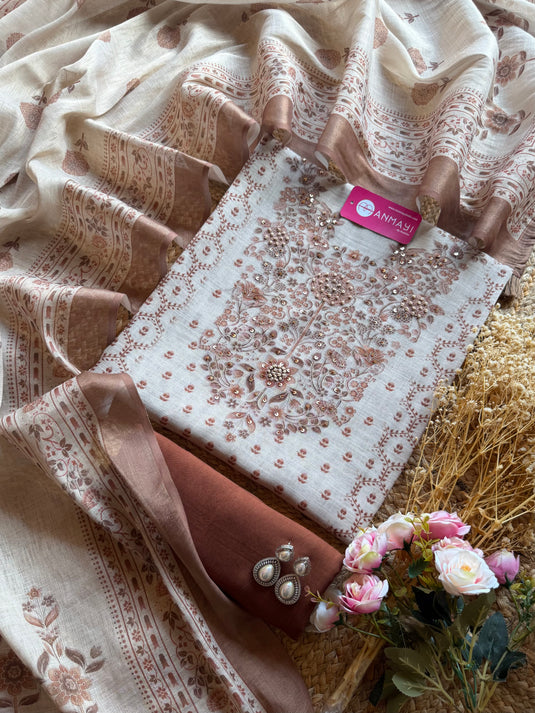 Beige base shimmer linen knot work neck suit