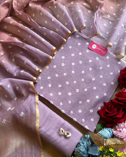 Pastel bandhani pure mul suit set with ombré dupatta