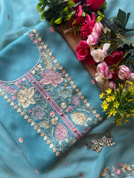 Chiffon coloured aari work suit set