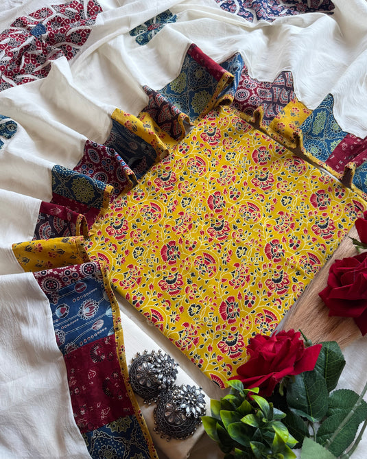 Patched cotton dupatta with ajrakh cotton suit set