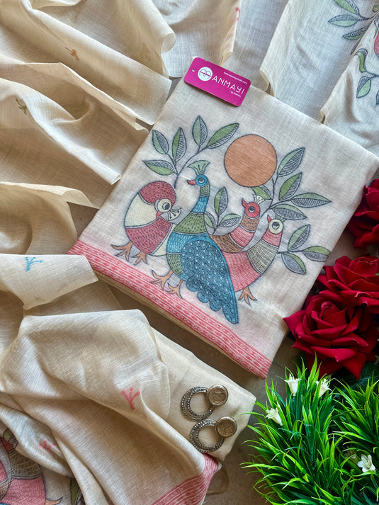 Golden peacocks Jamdani Chanderi silk suit