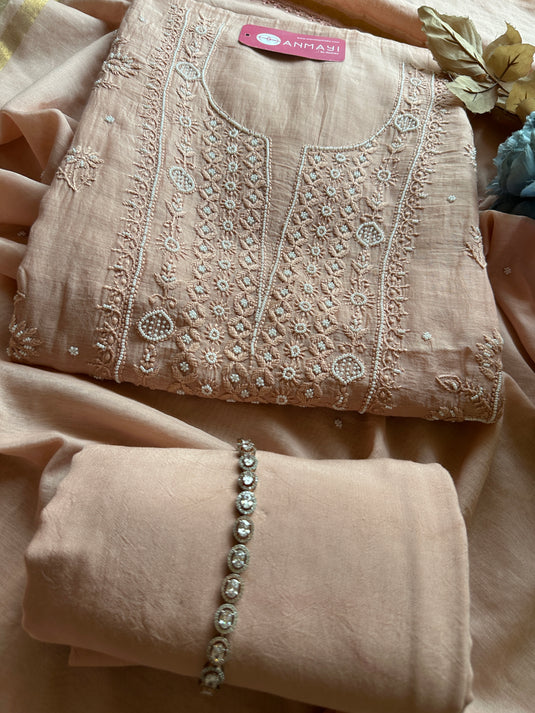 Pastel pure Mul suit set with Chikankari pearl work