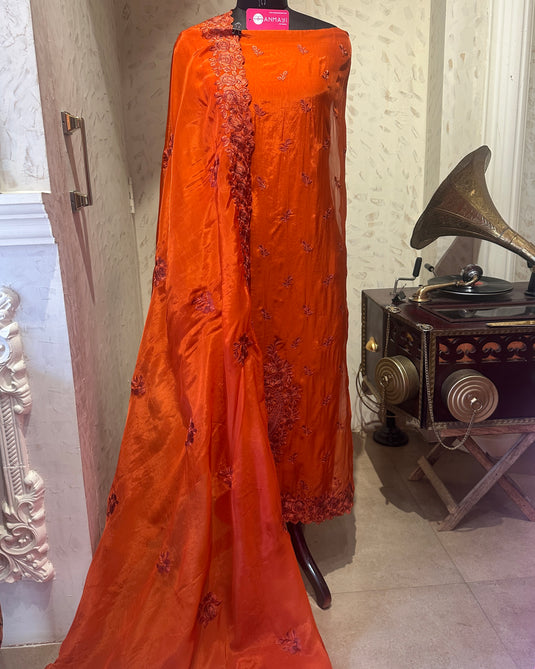 Organza Parsi work semi stitch suit set