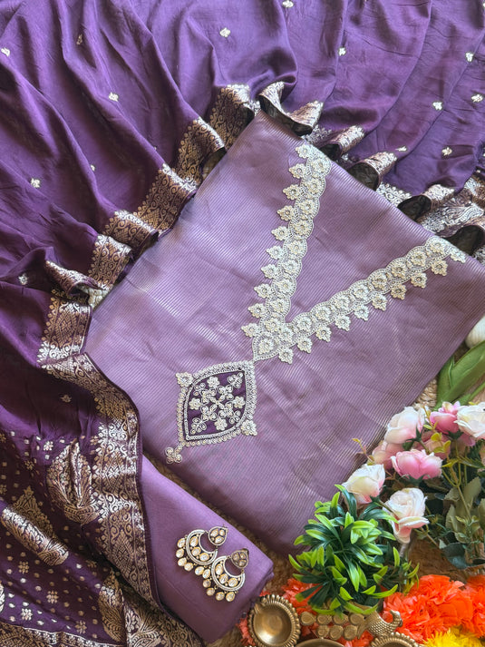 Shimmer lines cotton silk V neck suit set with jacquard dupatta