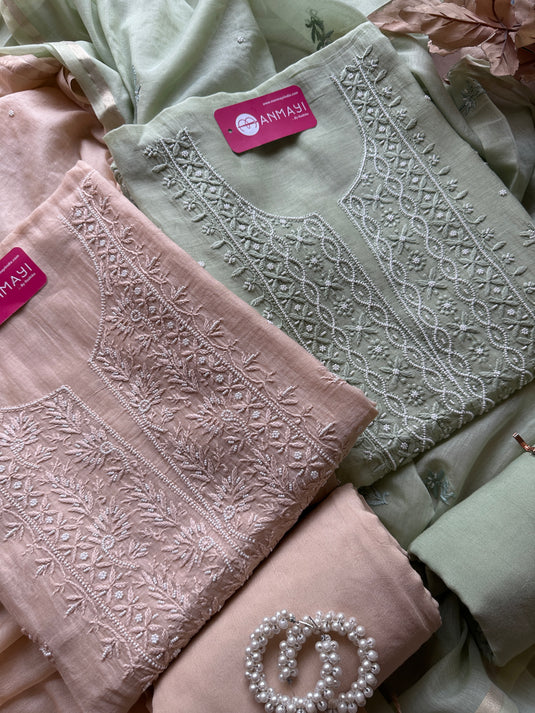 Pastel pure Mul suit set with Chikankari pearl work