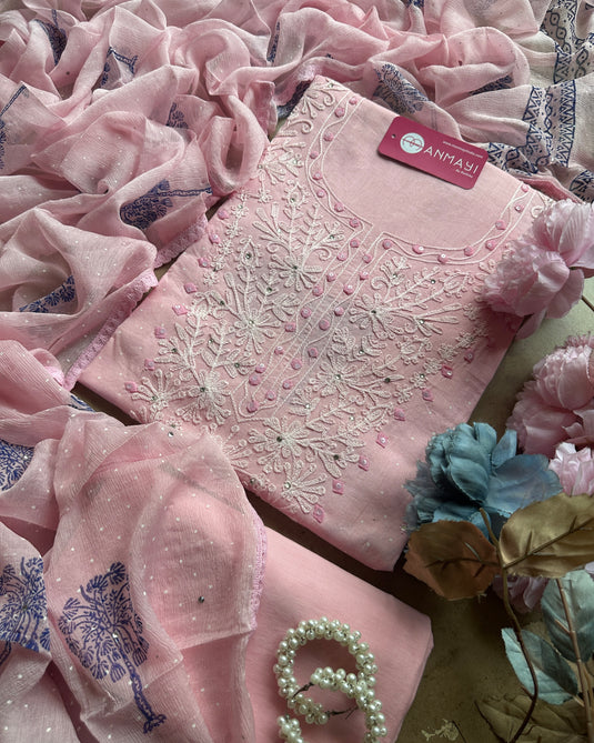Chikankari neck block print pure cotton suits with chiffon dupatta