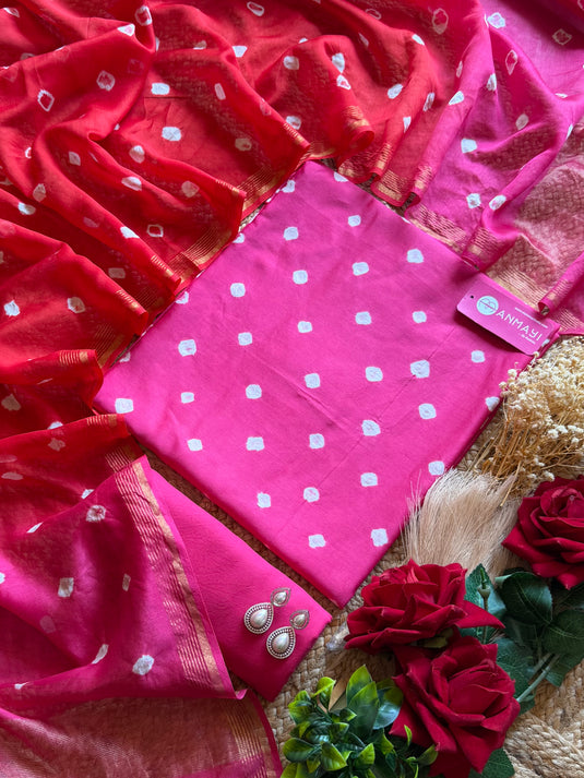 Pure Mul cotton Bandhani suit set with double shade dupatta