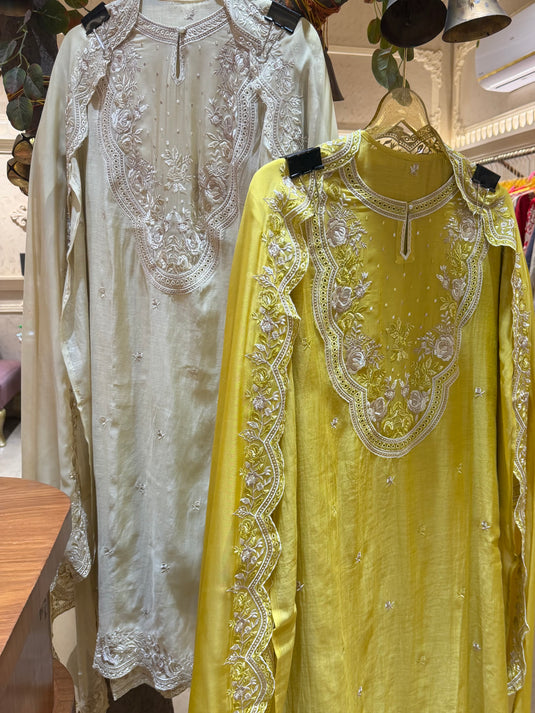 Parsi work semi stitched patched organza neck pure Mul cotton suit