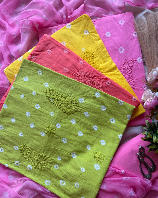 Handcrafted Bandhani soft cottons Karachi work suit set with chiffon dupatta