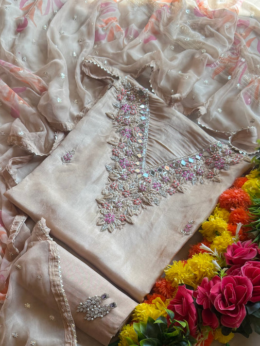 Crepe silk embroidered mirror neck suit set with chiffon Handpaint highlights dupatta