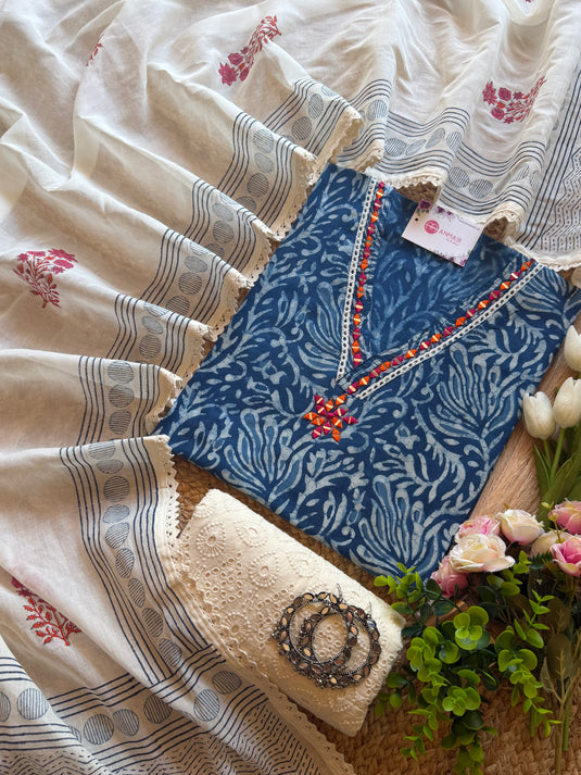 Indigo batik mirror neck pure cotton suit set