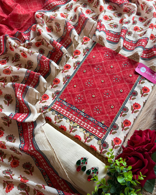 Floral Bandhani fusion mul cotton suit set