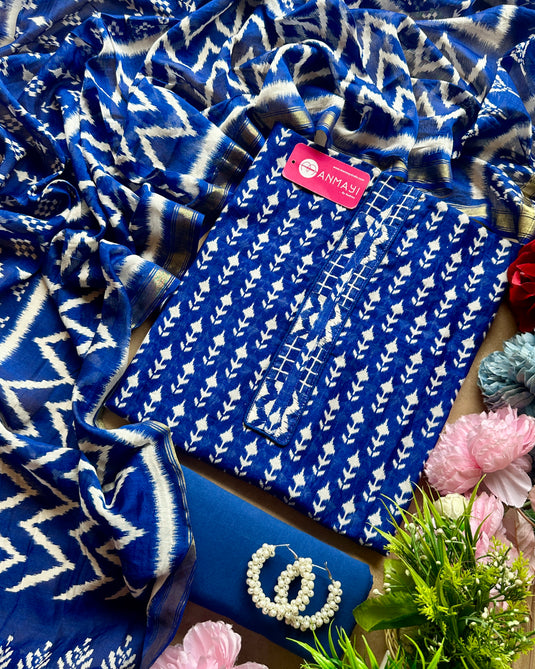 Abstract printed Maheshwari cotton suit set