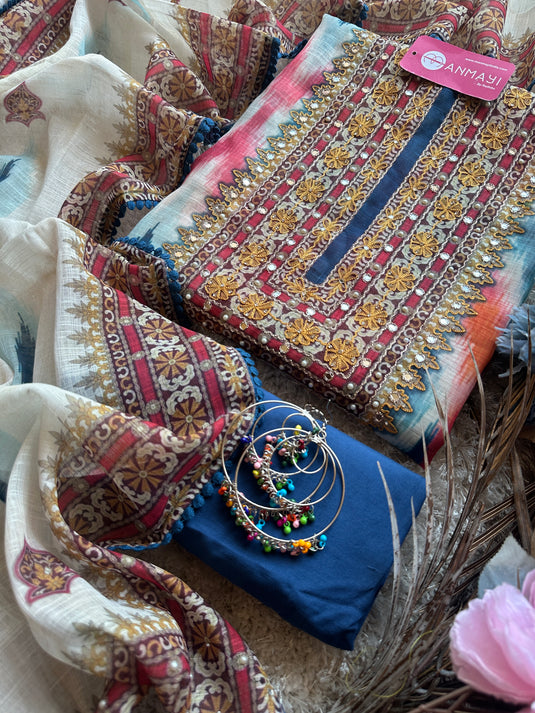 Printed linen Chanderi suits with highlighted thread and mirror details