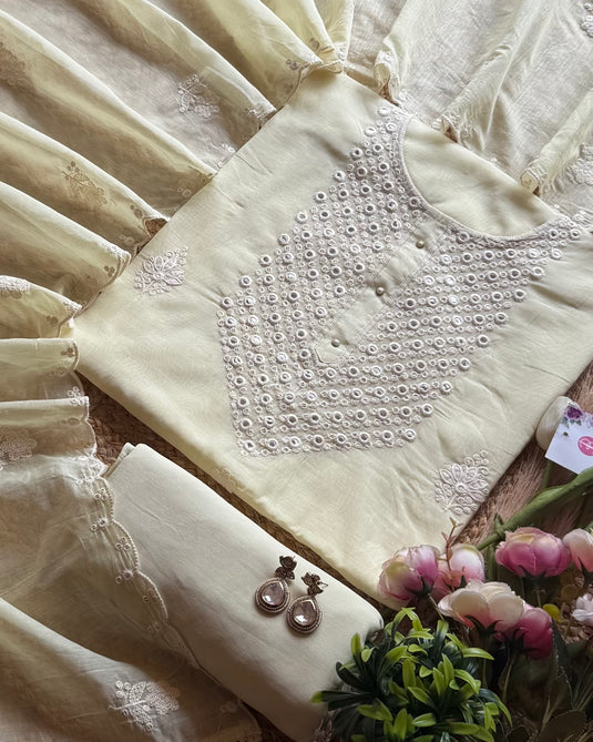 Paper mirror work pastel festive Mul Chanderi suit set