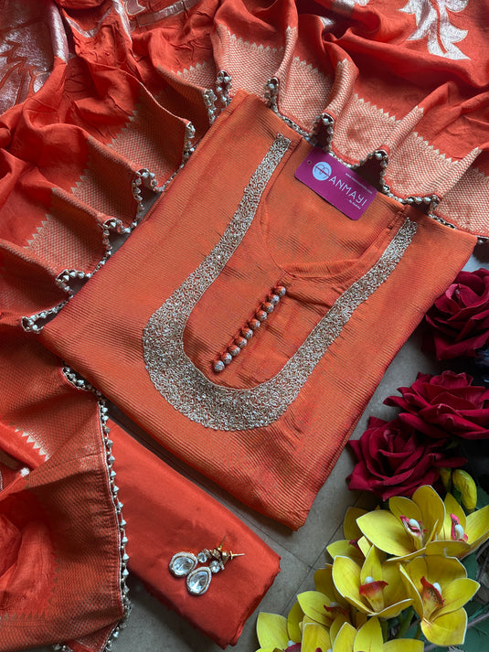 Shimmer lines cutwork u neck with potli buttons and jacquard dupatta
