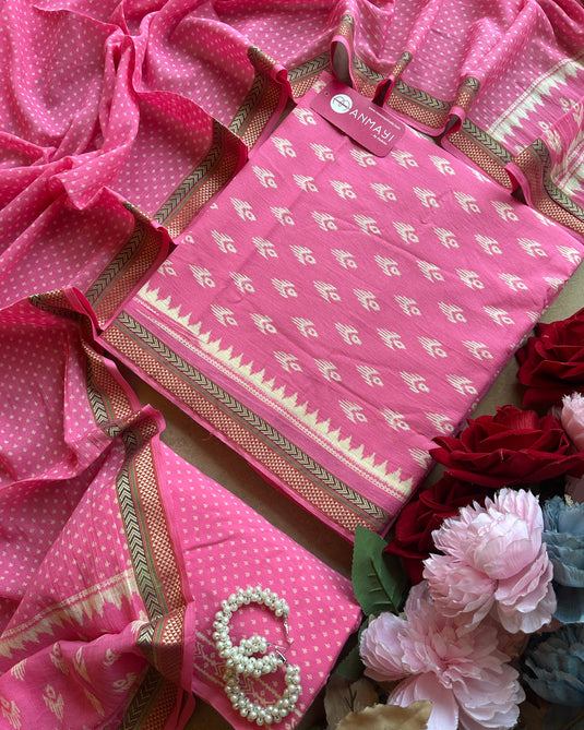 Ikkat print pink south cotton suit set