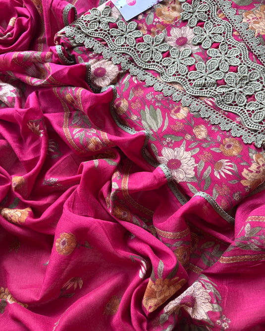Crochet work pure cotton floral suit set with cotton dupattas