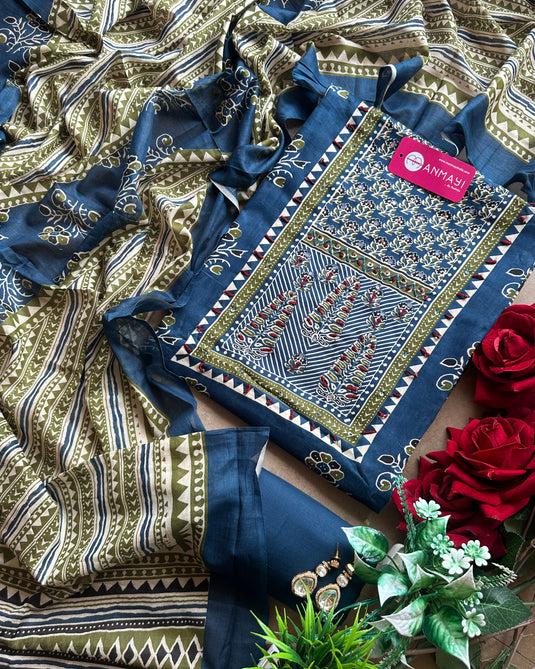 Ajrakh print glazed cotton suit set with embroidered neck