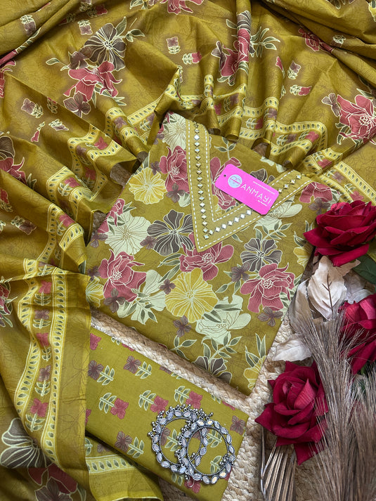 Fine cambric cotton printed floral mirror v neck suit