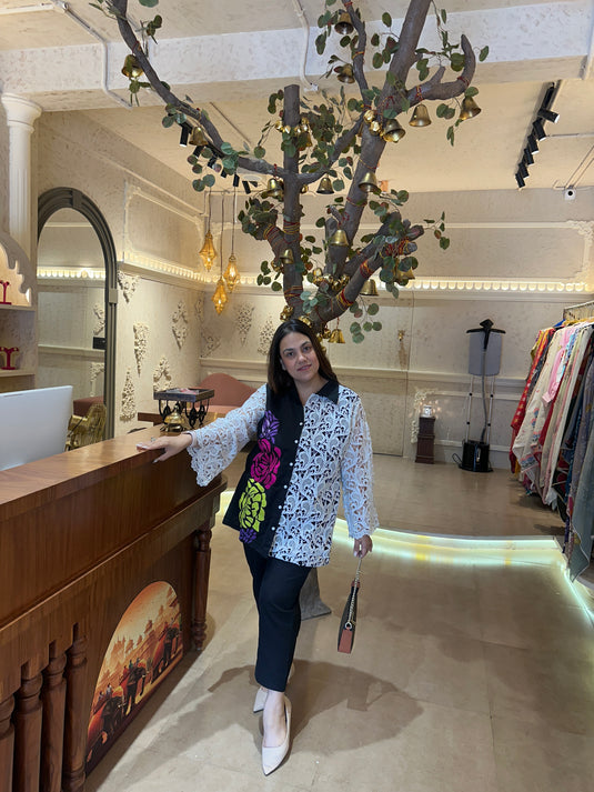 Crochet sleeves patch work black coordinated set