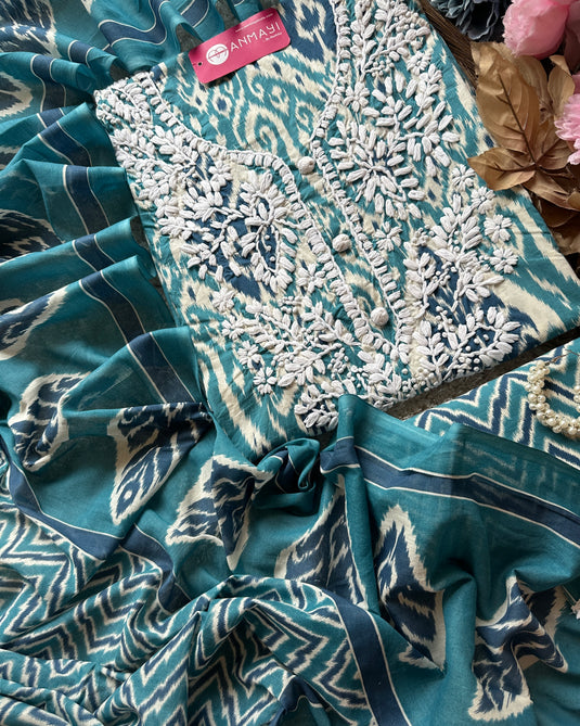 Ikkat print chikan neck soft cotton suit set