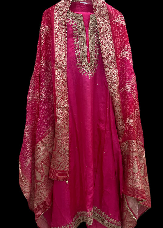 Raw silk embroidery shirt with Bandhani Jacquard work dupatta
